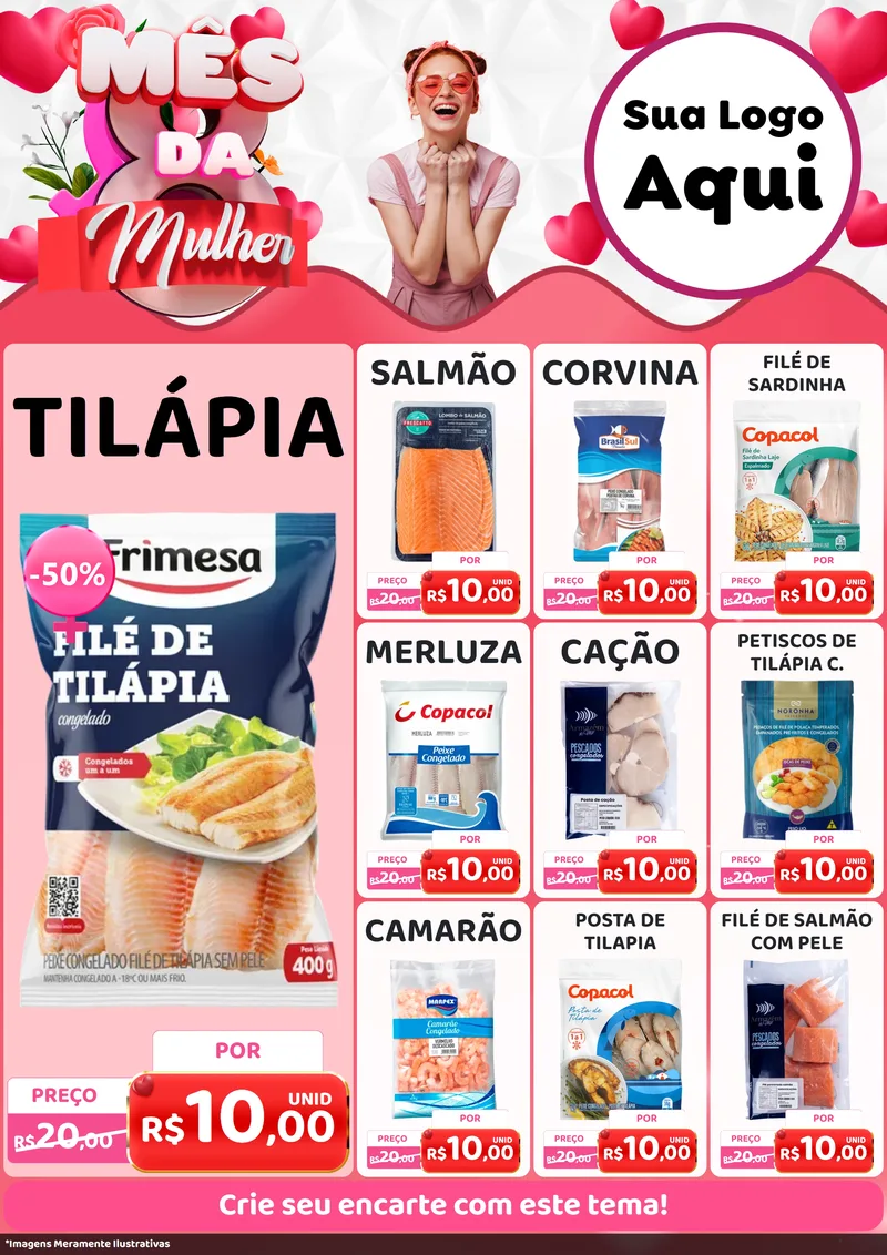 Modelo de Encarte para Encarte A4 Vertical com o tema Mês da Mulher para Peixaria