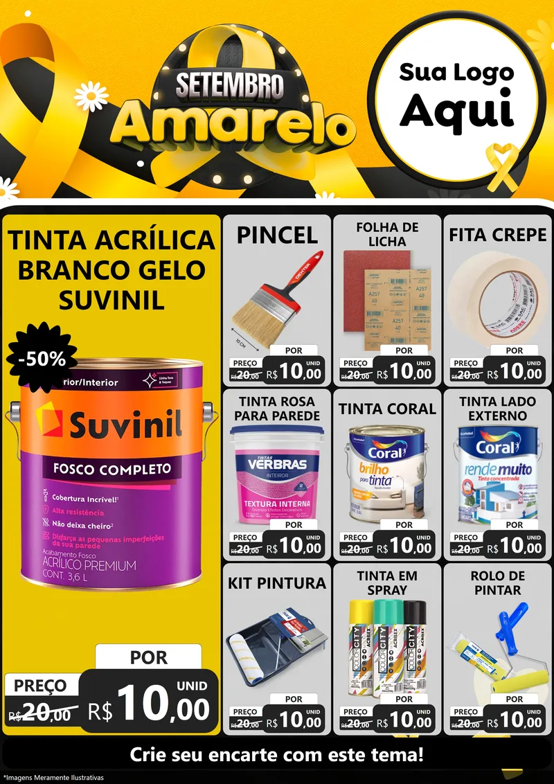 Modelo de Encarte para Encarte A4 Vertical com o tema Setembro Amarelo para Tintas e Ferramentas