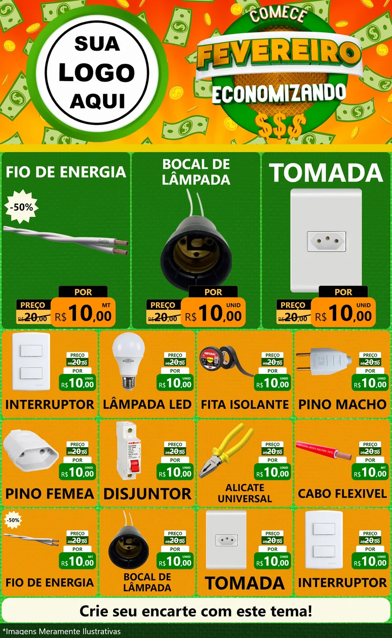 Modelo de Encarte para Encarte Grande com o tema Comece Fevereiro Economizando para Materiais Elétricos
