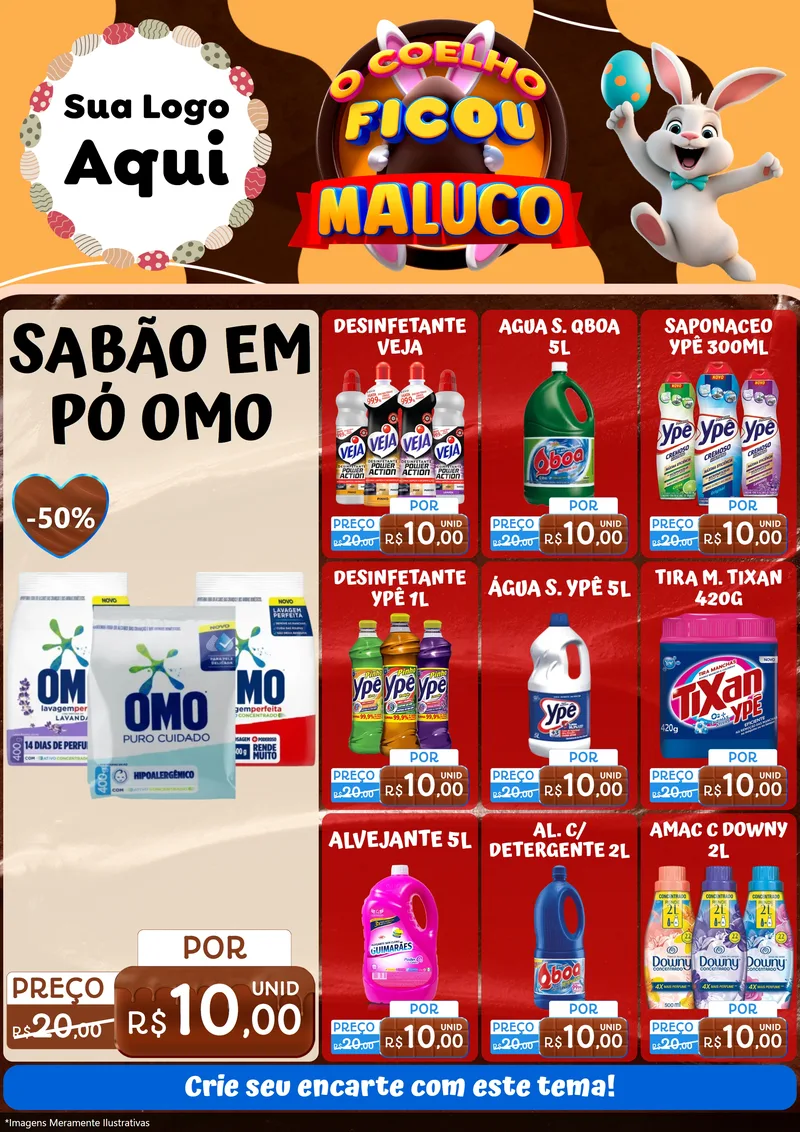 Modelo de Encarte para Encarte A4 Vertical com o tema O Coelho Ficou Maluco - Páscoa para Produtos de Limpeza