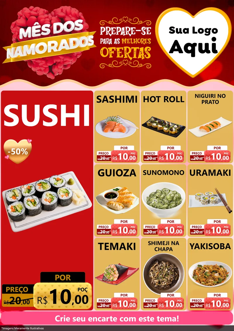 Modelo de Encarte para Encarte A4 Vertical com o tema Mês dos Namorados para Comida japonesa