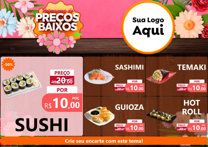 Modelo de Encarte para Encarte A4 Horizontal com o tema Primavera de Preços Baixos para Comida japonesa