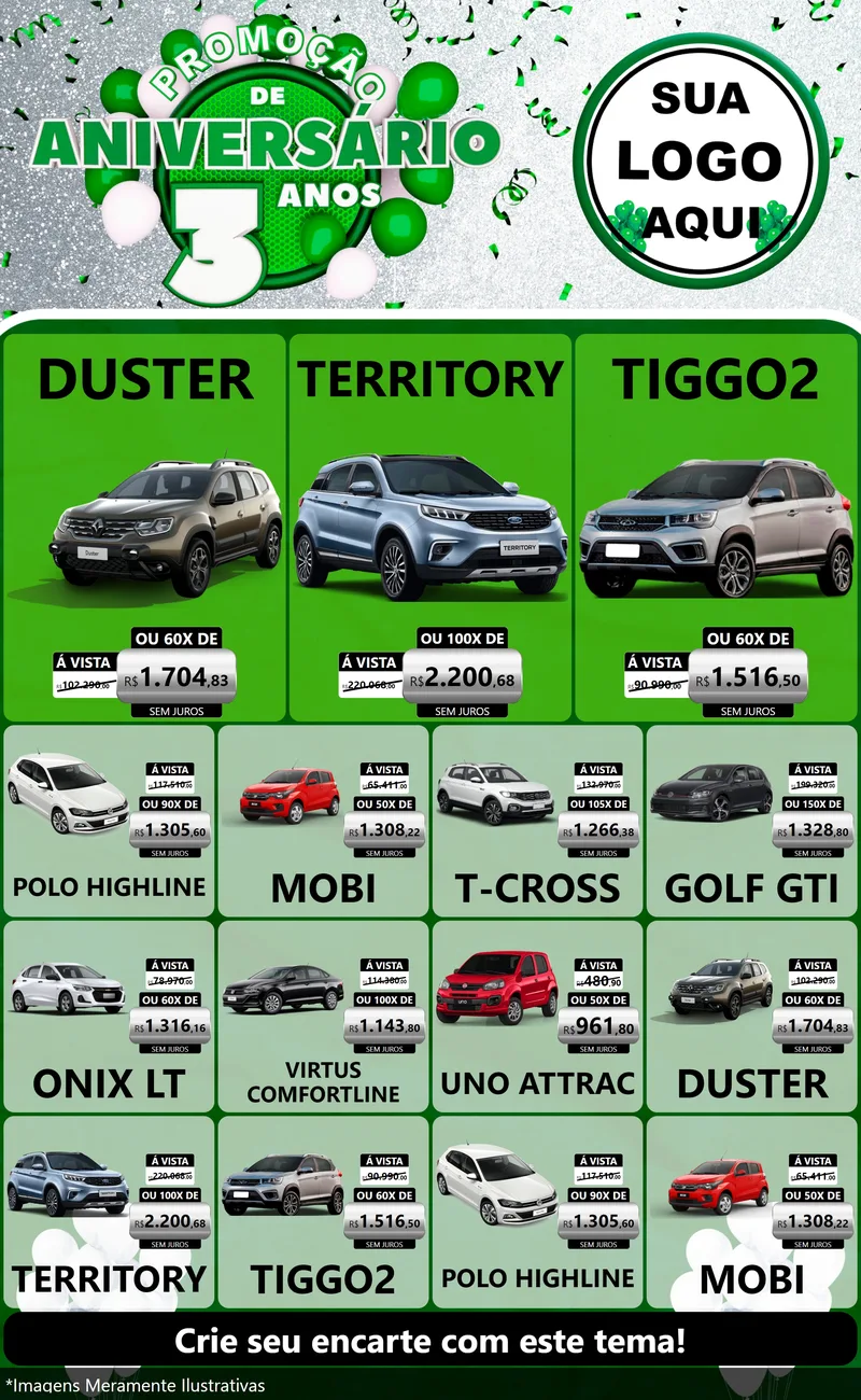 Modelo de Encarte para Encarte Grande com o tema Promoção de Aniversário - 3 Anos para Concessionaria de Carros