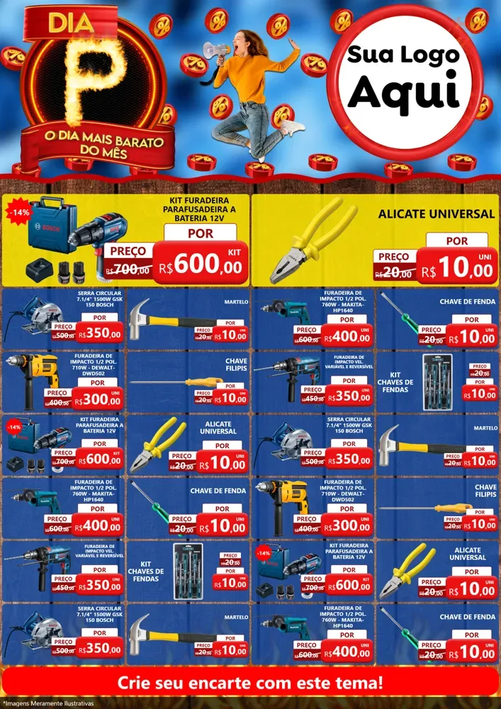 Modelo de Encarte para Encarte A4 Vertical com o tema Dia P - O Dia Mais Barato Do Mês para Maquinas e Ferramentas