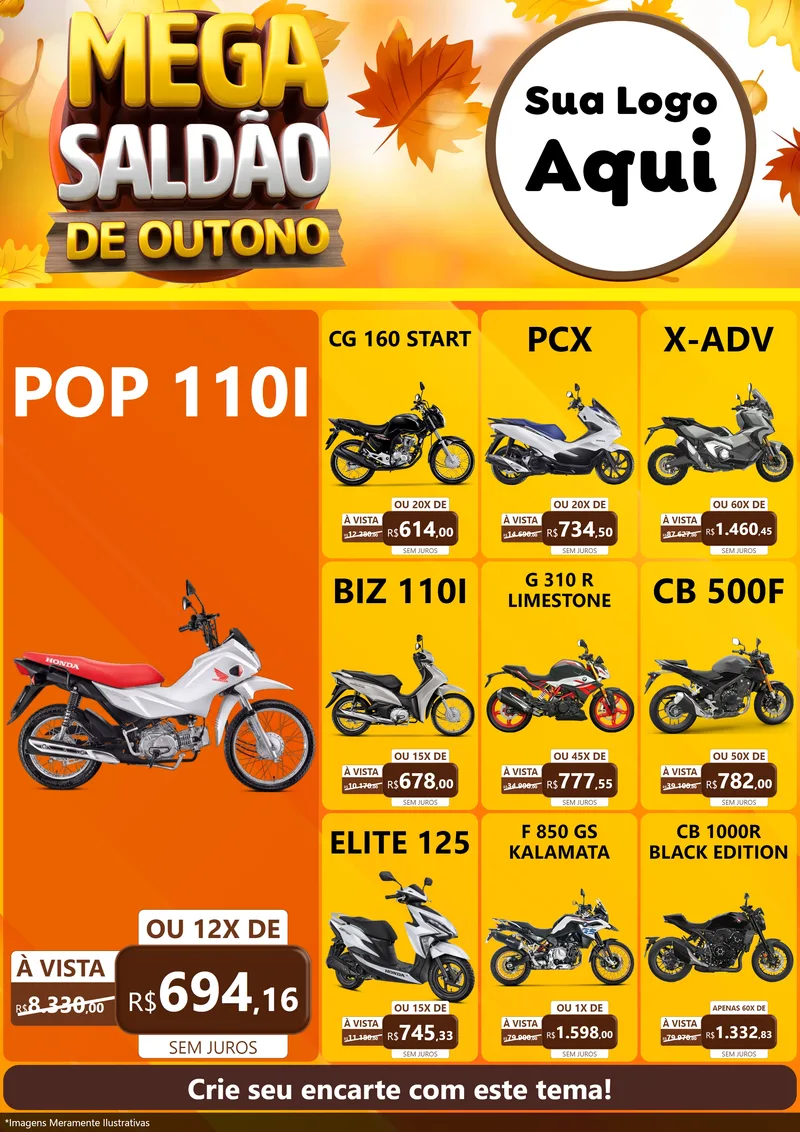 Modelo de Encarte para Encarte A4 Vertical com o tema Mega Saldão de Outono para Concessionaria de Motos