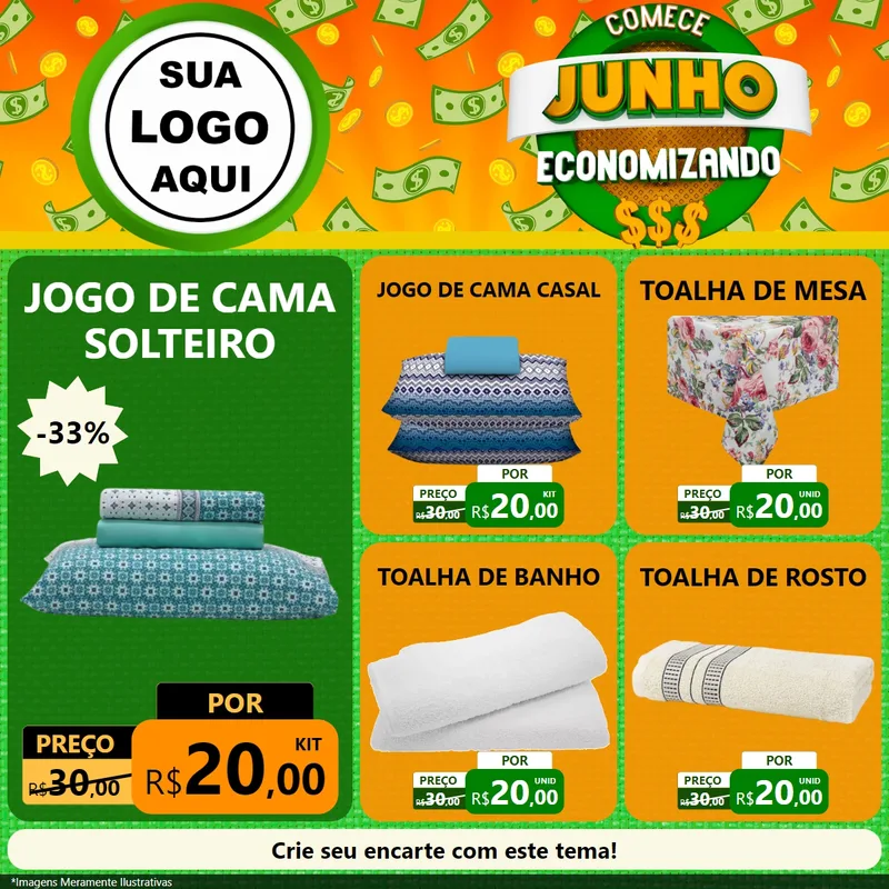 Modelo de Rede Social para Feed Facebook com o tema Comece Junho Economizando para Cama, Mesa e Banho
