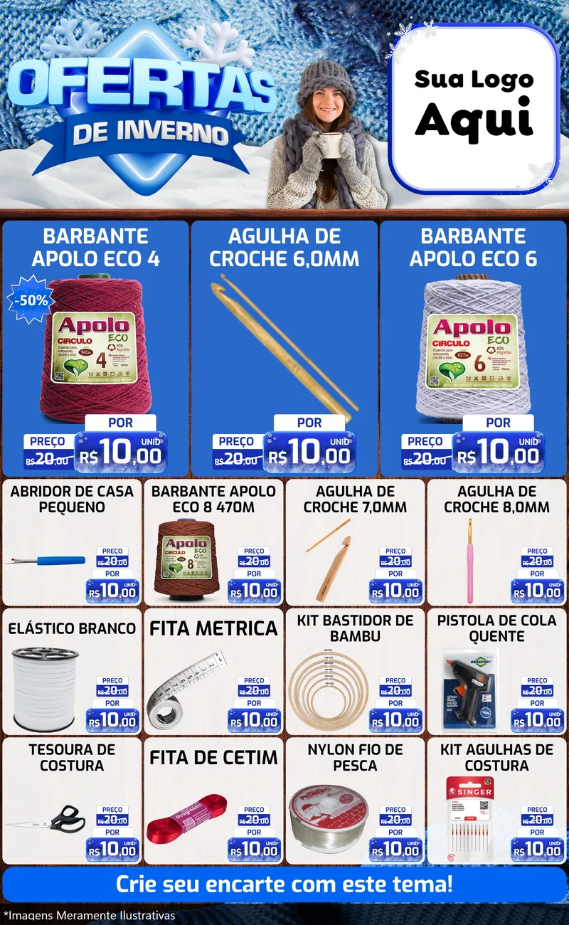 Modelo de Encarte para Encarte Grande com o tema Ofertas de Inverno para Armarinho e Aviamentos