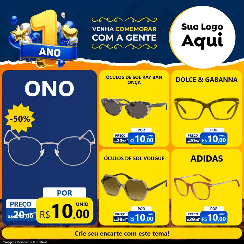 Modelo de Rede Social para Feed Facebook com o tema Um Ano de Aniversário para Óticas