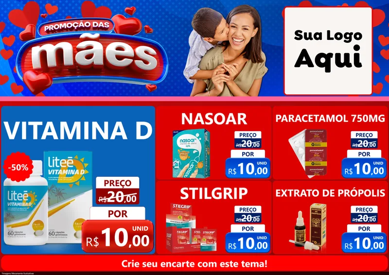 Modelo de Encarte para Encarte A4 Horizontal com o tema Promoção das Mães para Farmácia