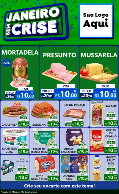 Modelo de Encarte para Encarte Grande com o tema Janeiro Sem Crise para Frios e Laticínios