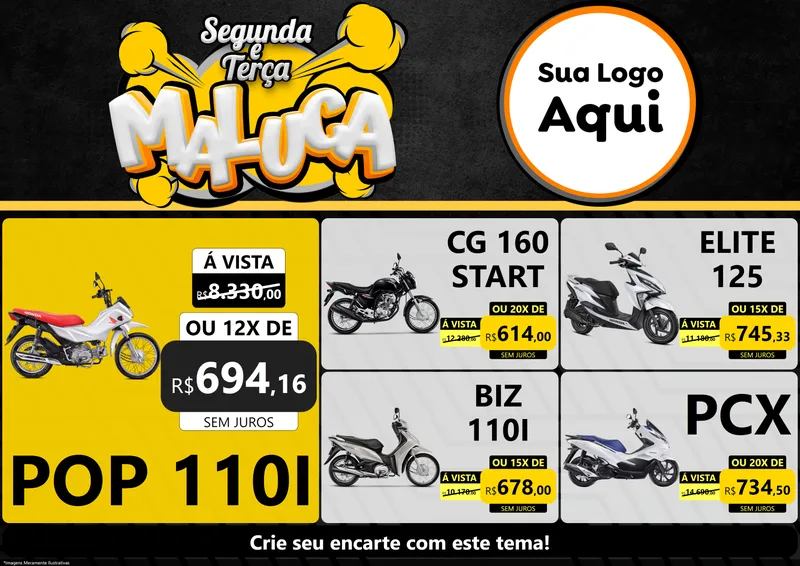 Modelo de Encarte para Encarte A4 Horizontal com o tema Segunda e Terça Maluca para Concessionaria de Motos