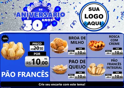 Modelo de Encarte para Encarte A4 Horizontal com o tema Promoção de Aniversário - 30 Anos para Padaria