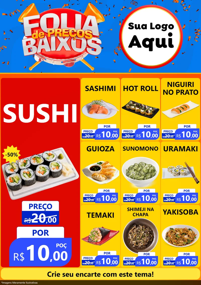 Modelo de Encarte para Encarte A4 Vertical com o tema Folia de Preços Baixos para Comida japonesa