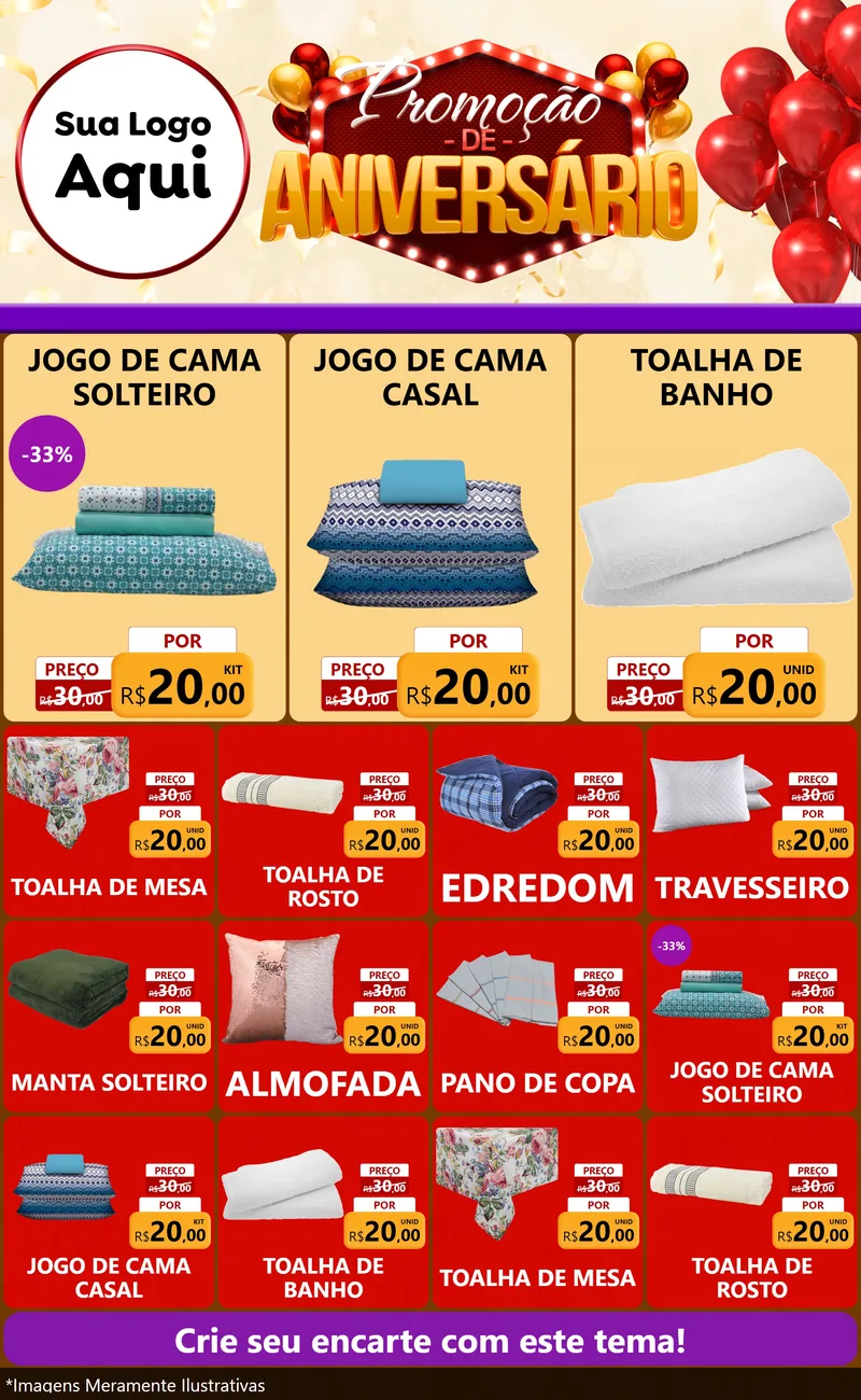 Modelo de Encarte para Encarte Grande com o tema Promoção de Aniversário para Cama, Mesa e Banho