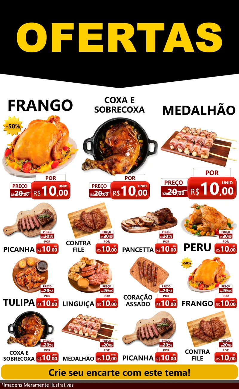 Modelo de Encarte para Encarte Grande com o tema Ofertas Preto e Vermelho Cartaz para Assados