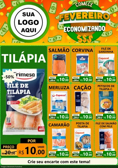 Modelo de Encarte para Encarte A4 Vertical com o tema Comece Fevereiro Economizando para Peixaria