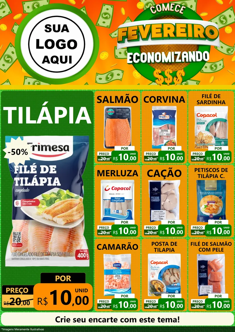 Modelo de Encarte para Encarte A4 Vertical com o tema Comece Fevereiro Economizando para Peixaria