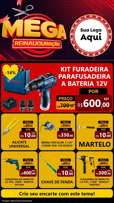 Modelo de Rede Social para Stories com o tema Mega Reinauguração para Maquinas e Ferramentas