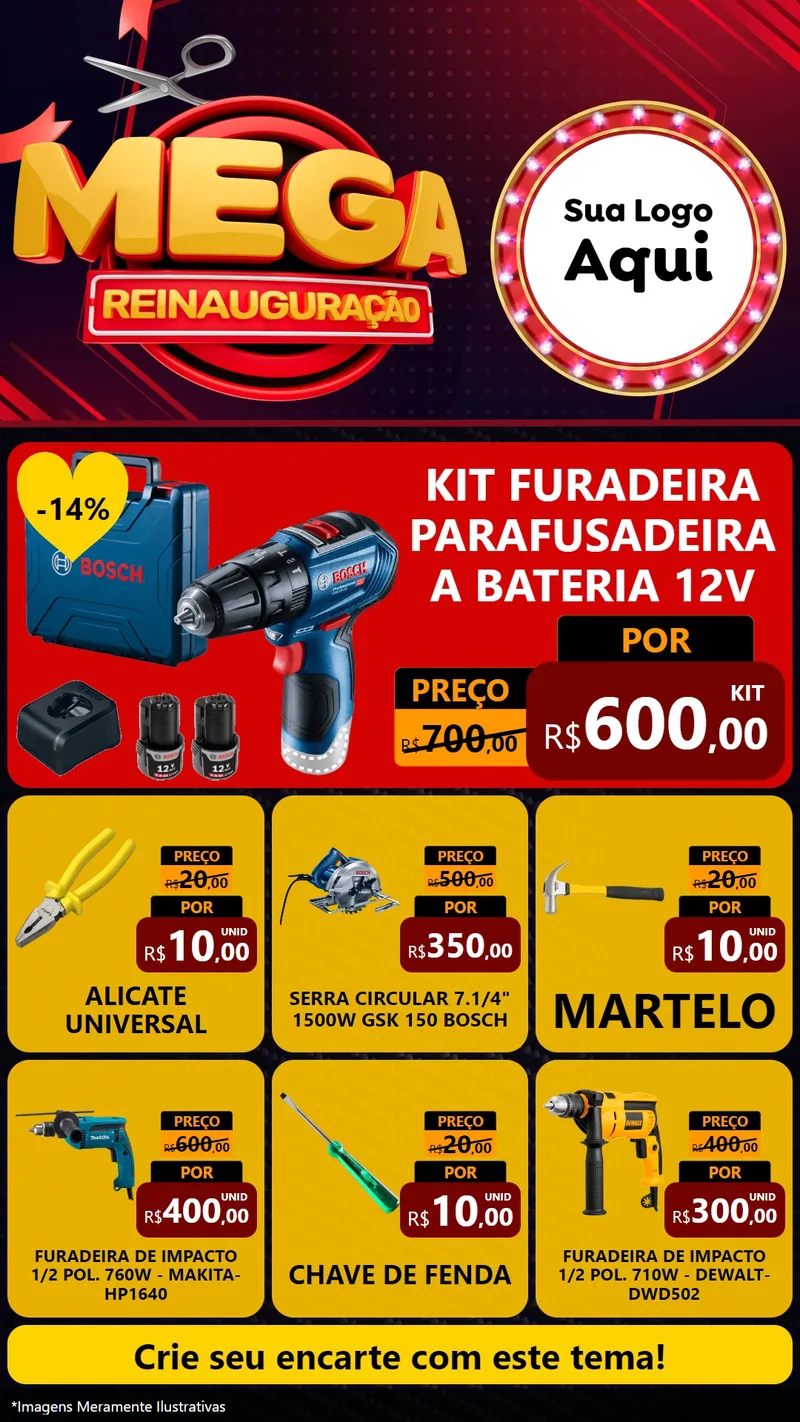 Modelo de Rede Social para Stories com o tema Mega Reinauguração para Maquinas e Ferramentas