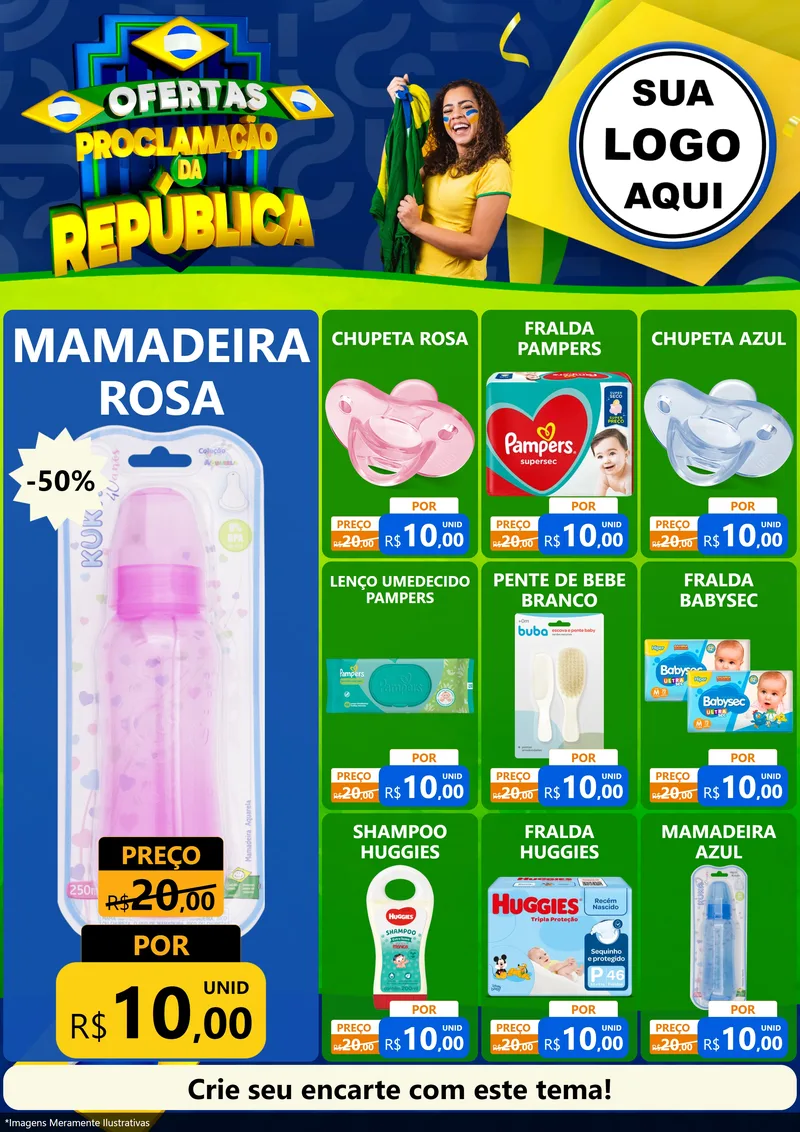 Modelo de Encarte para Encarte A4 Vertical com o tema Ofertas Proclamação da República para Bebês