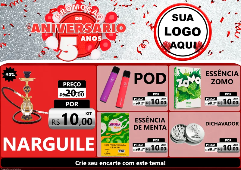Modelo de Encarte para Encarte A4 Horizontal com o tema Promoção de Aniversário - 5 Anos para Tabacaria
