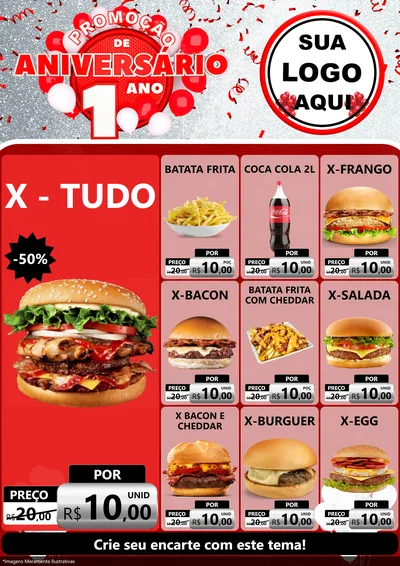 Modelo de Encarte para Encarte A4 Vertical com o tema Promoção de Aniversário - 1 Ano para Hamburgueria