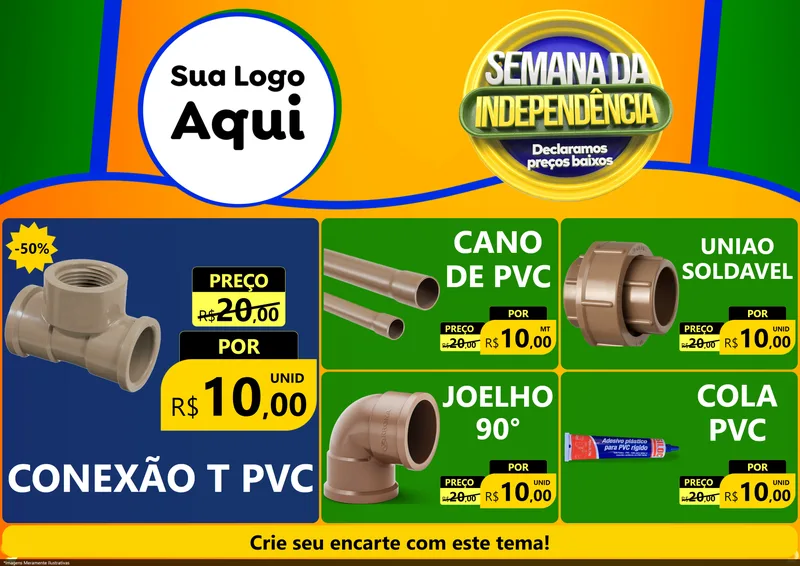 Modelo de Encarte para Encarte A4 Horizontal com o tema Semana da Independência Declaramos Preços Baixos para Tubos e conexões