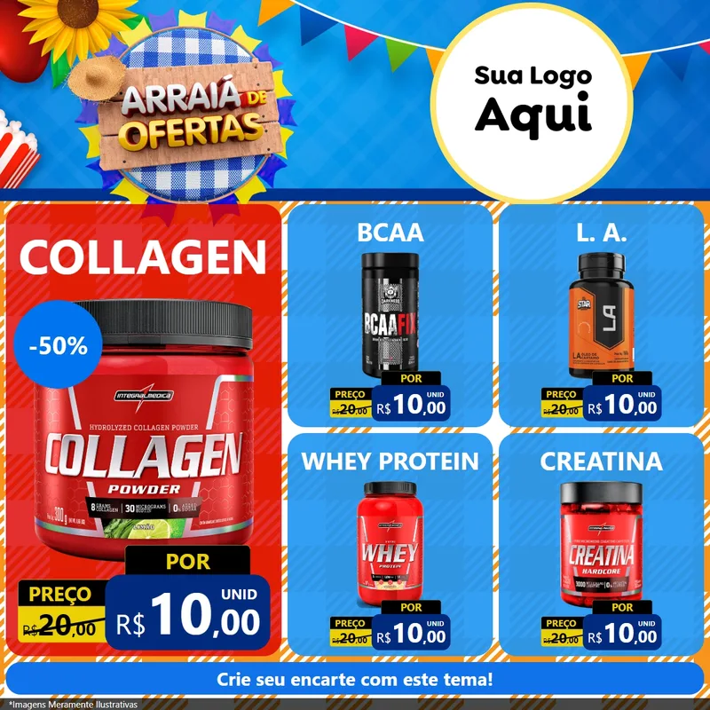Modelo de Rede Social para Feed Facebook com o tema Arraiá de Ofertas para Suplementos alimentares