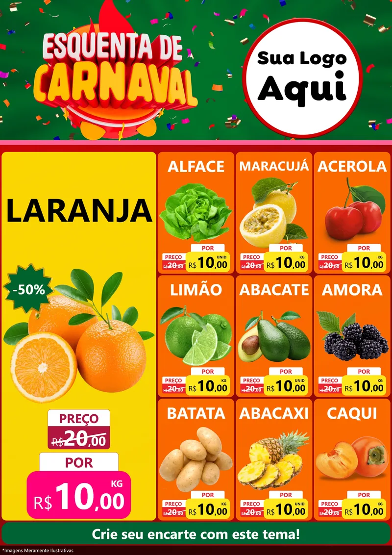 Modelo de Encarte para Encarte A4 Vertical com o tema Esquenta de Carnaval para Hortifrúti