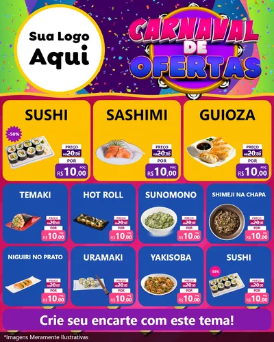 Modelo de Rede Social para Feed Instagram com o tema Carnaval de Ofertas para Comida japonesa