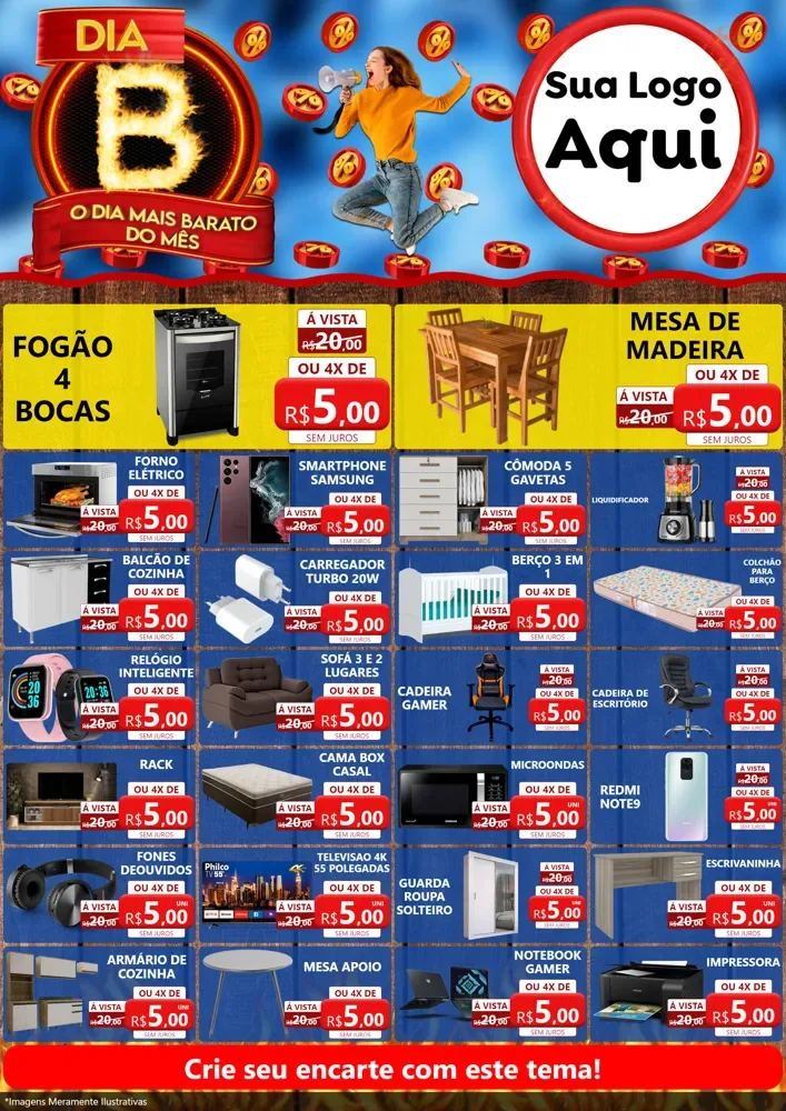 Modelo de Encarte para Encarte A4 Vertical com o tema Dia B - O Dia Mais Barato Do Mês para Móveis e Eletro