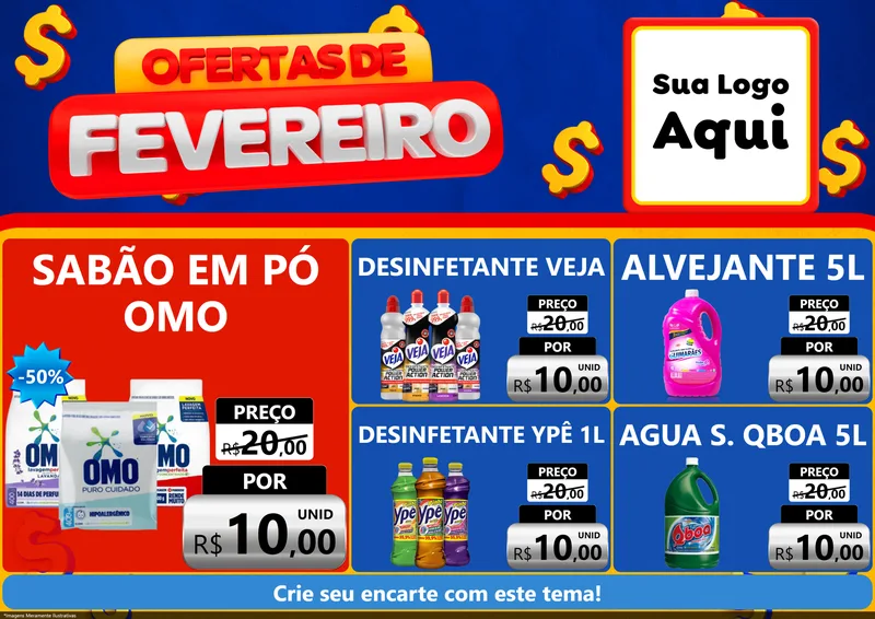 Modelo de Encarte para Encarte A4 Horizontal com o tema Ofertas de Fevereiro para Produtos de Limpeza