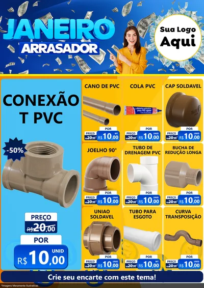 Modelo de Encarte para Encarte A4 Vertical com o tema Janeiro Arrasador para Tubos e conexões