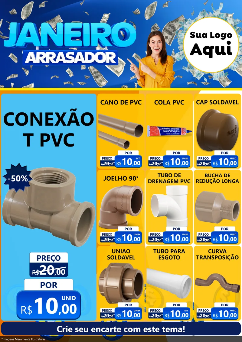 Modelo de Encarte para Encarte A4 Vertical com o tema Janeiro Arrasador para Tubos e conexões