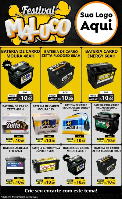 Modelo de Encarte para Encarte Grande com o tema Festival Maluco para Baterias Elétricas