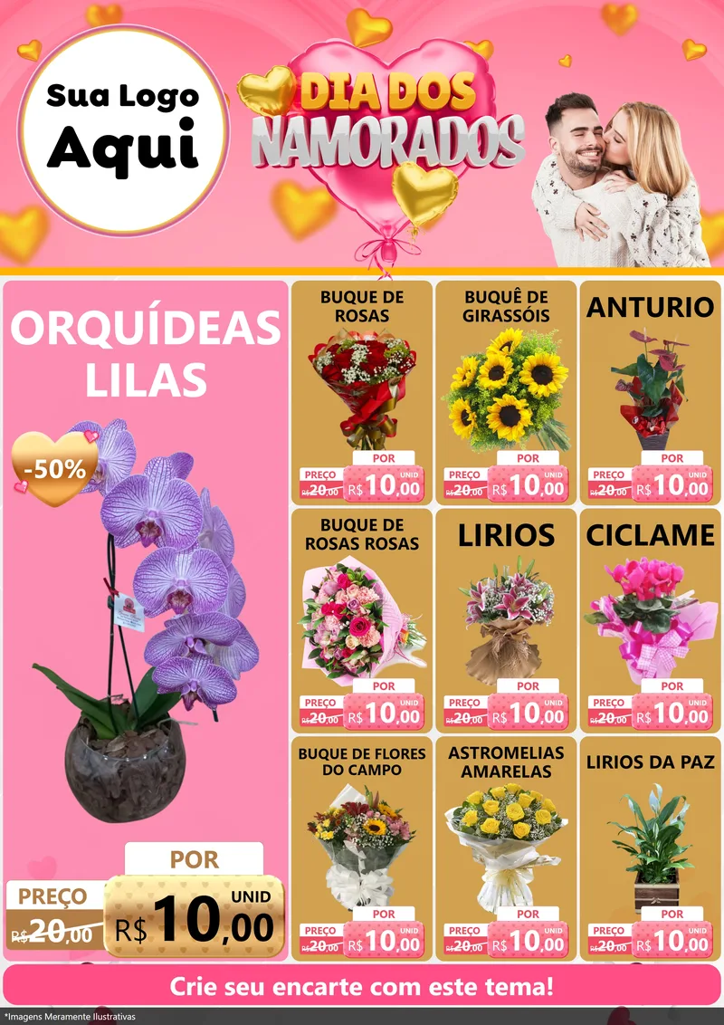 Modelo de Encarte para Encarte A4 Vertical com o tema Dia dos Namorados para Floricultura e jardim