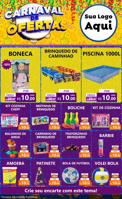 Modelo de Encarte para Encarte Grande com o tema Carnaval de Ofertas para Brinquedos