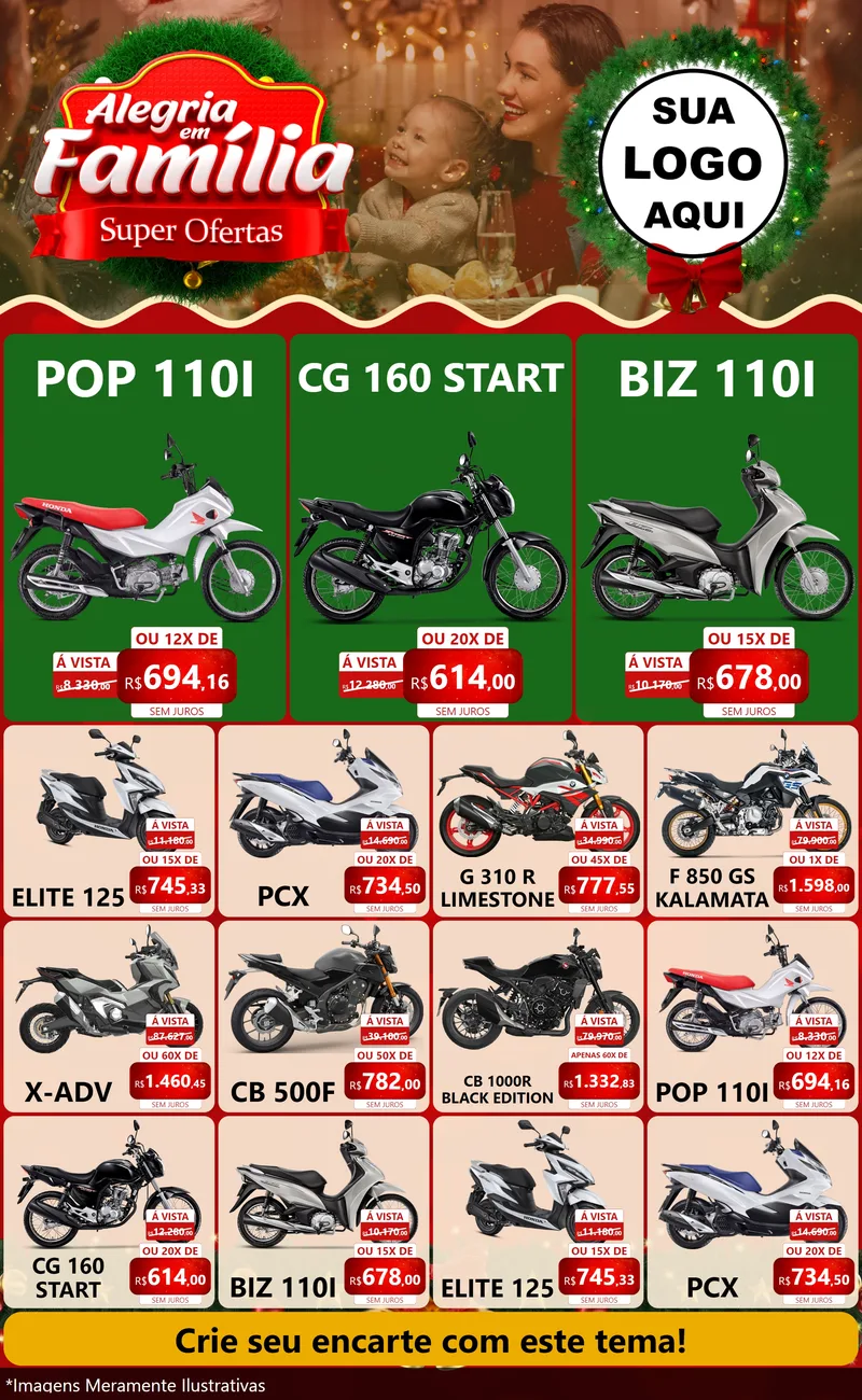 Modelo de Encarte para Encarte Grande com o tema Alegria Em Família - Super Ofertas para Concessionaria de Motos