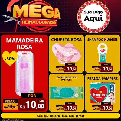 Modelo de Rede Social para Feed Facebook com o tema Mega Reinauguração para Bebês