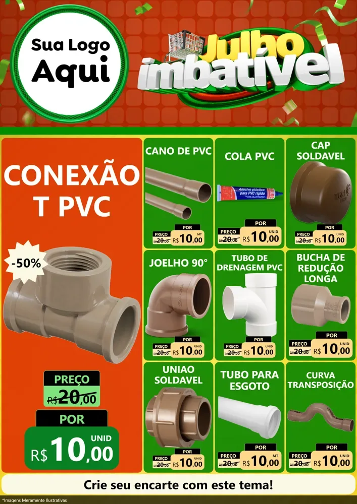 Modelo de Encarte para Encarte A4 Vertical com o tema Julho Imbatível para Tubos e conexões