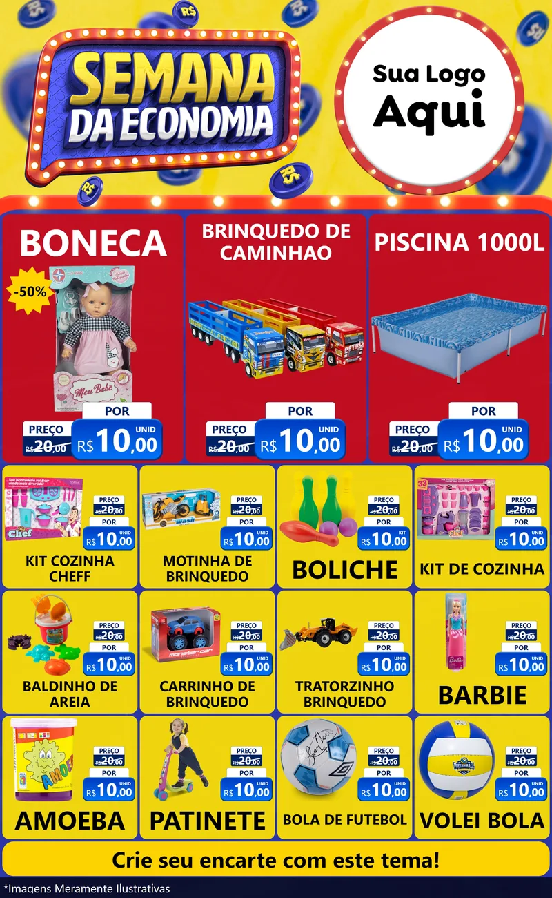 Modelo de Encarte para Encarte Grande com o tema Semana da Economia para Brinquedos