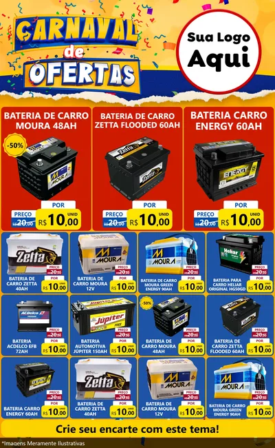 Modelo de Encarte para Encarte Grande com o tema Carnaval de Ofertas para Baterias Elétricas