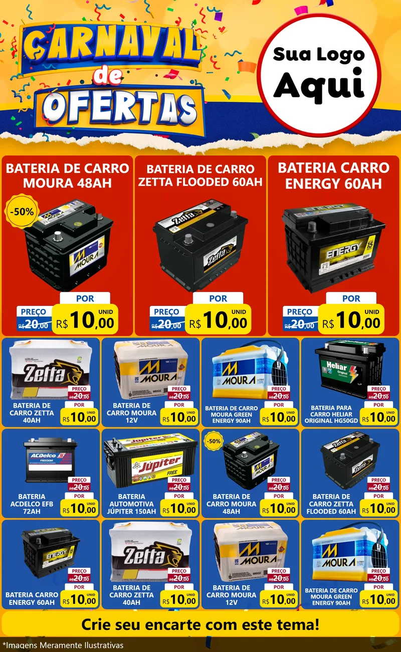 Modelo de Encarte para Encarte Grande com o tema Carnaval de Ofertas para Baterias Elétricas