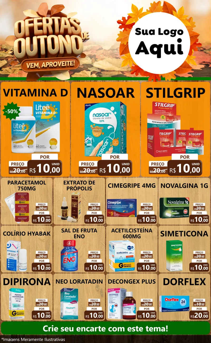 Modelo de Encarte para Encarte Grande com o tema Ofertas de Outono - Vem, Aproveite! para Farmácia