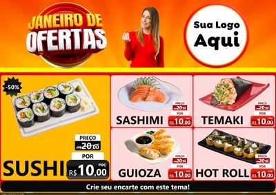 Modelo de Encarte para Encarte A4 Horizontal com o tema Janeiro de Ofertas para Comida japonesa