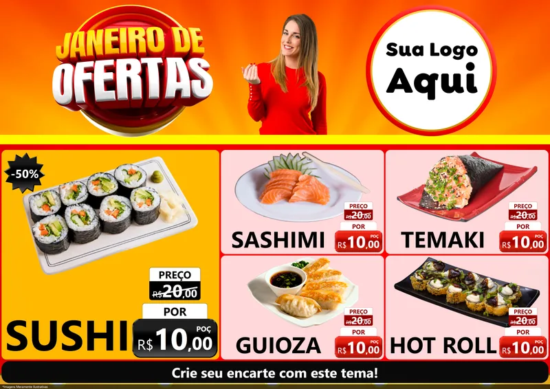 Modelo de Encarte para Encarte A4 Horizontal com o tema Janeiro de Ofertas para Comida japonesa