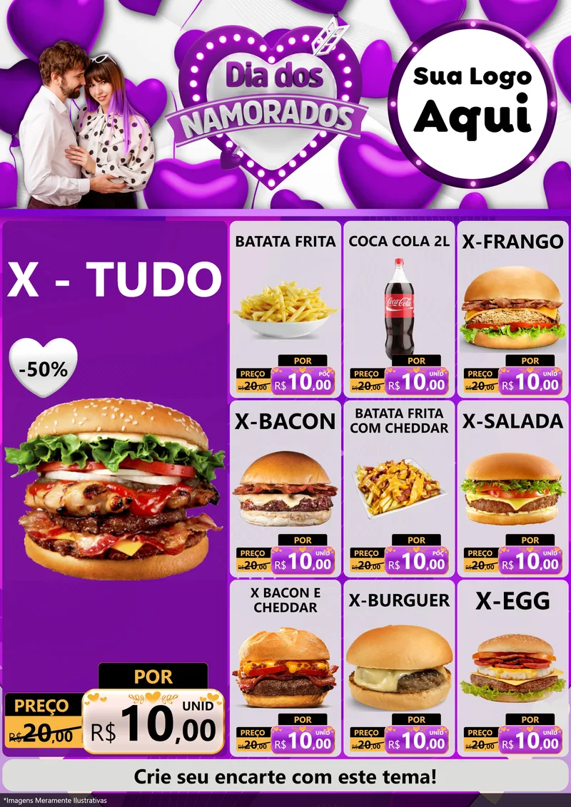 Modelo de Encarte para Encarte A4 Vertical com o tema Dia dos Namorados para Hamburgueria