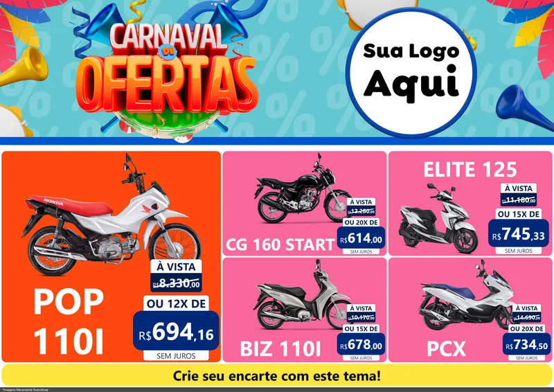 Modelo de Encarte para Encarte A4 Horizontal com o tema Carnaval de Ofertas para Concessionaria de Motos