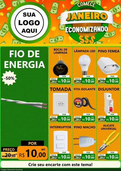 Modelo de Encarte para Encarte A4 Vertical com o tema Comece Janeiro Economizando para Materiais Elétricos
