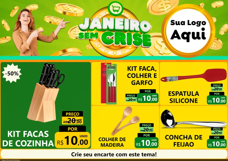 Modelo de Encarte para Encarte A4 Horizontal com o tema Janeiro Sem Crise para Utilidades Domésticas